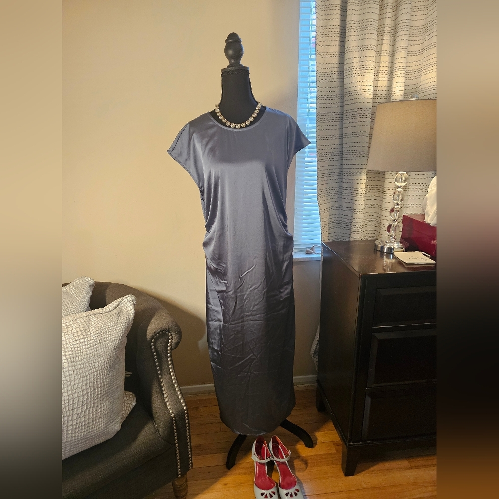 Slate Blue Satin Maxi Shift Dress